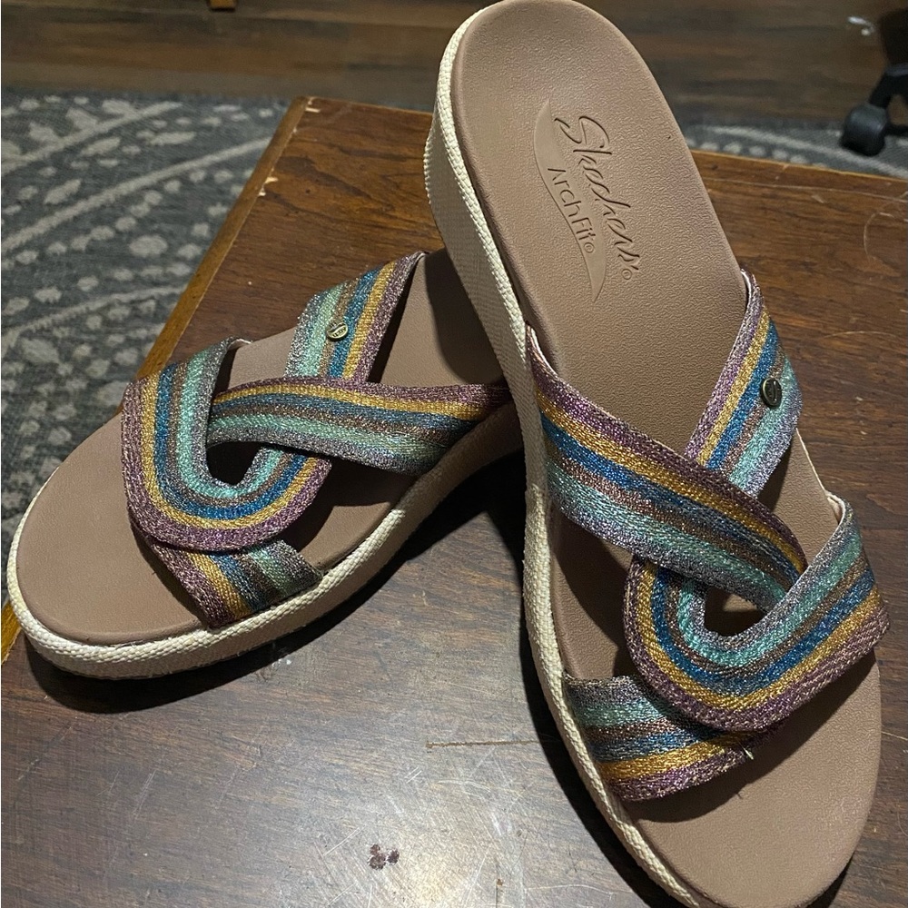 Skechers Multicolor Metallic Stripe Wedge Sandals